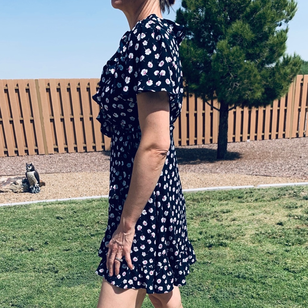 Blue floral wrap tie at waist dress